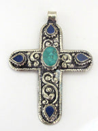 Tibetan silver floral design cross pendant from Nepal with lapis and turquoise inlay - PM210B
