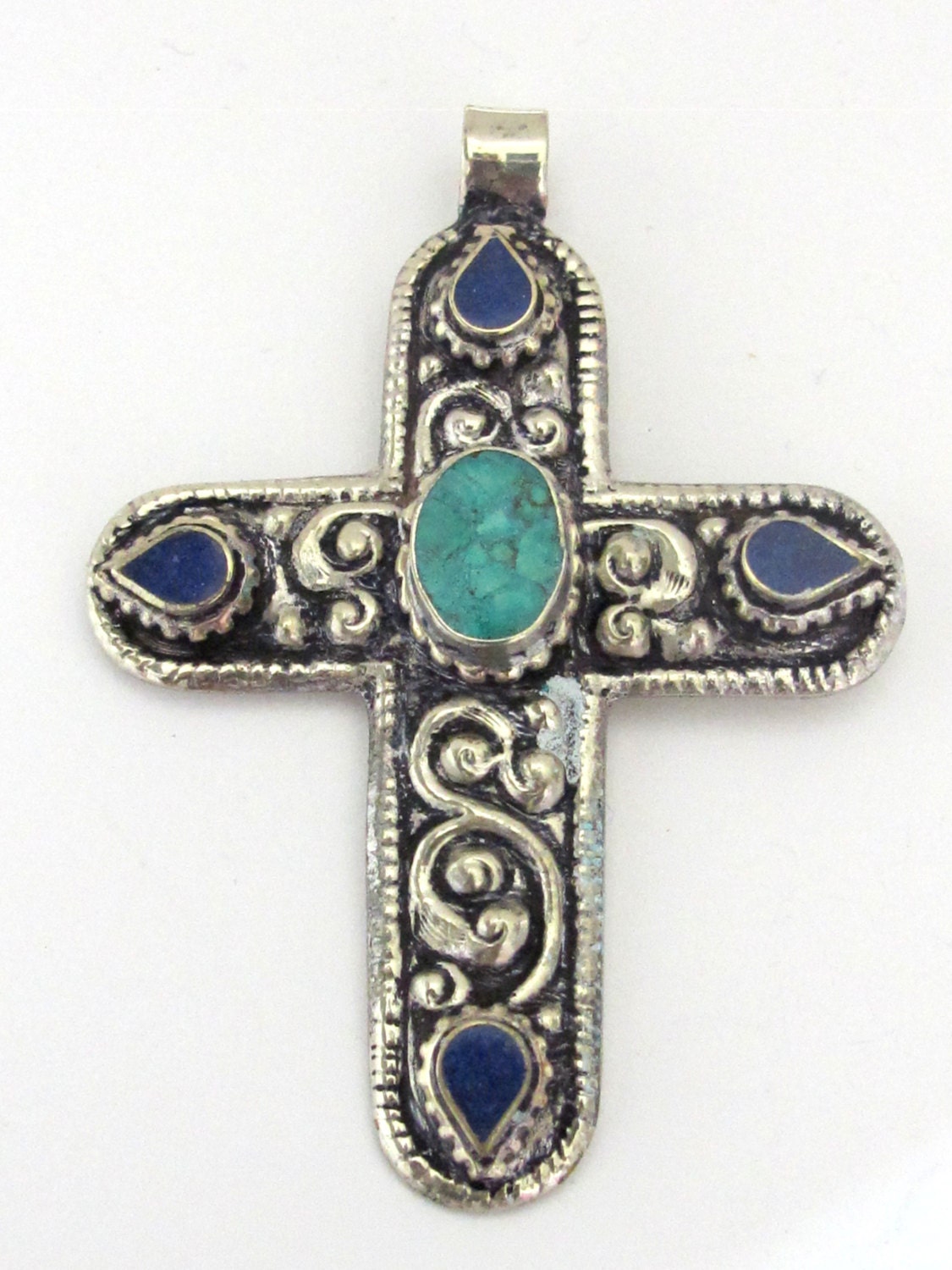 Tibetan silver floral design cross pendant from Nepal with lapis and turquoise inlay - PM210B