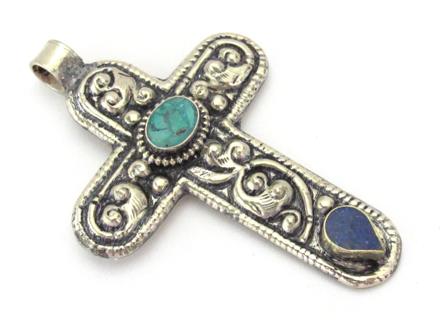 Tibetan silver floral design cross pendant from Nepal with lapis and turquoise inlay - PM210E