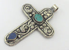 Tibetan silver floral design cross pendant from Nepal with lapis and turquoise inlay - PM210E