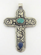 Tibetan silver floral design cross pendant from Nepal with lapis and turquoise inlay - PM210E