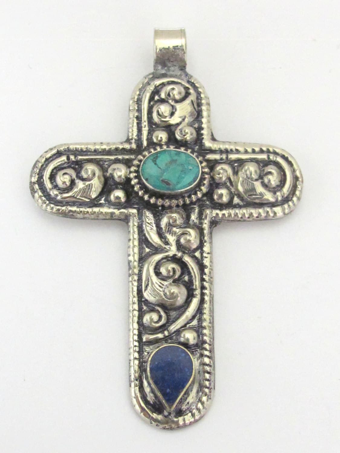 Tibetan silver floral design cross pendant from Nepal with lapis and turquoise inlay - PM210E