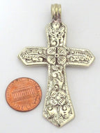 Dual sided Tibetan antiqued silver finish floral design cross pendant from Nepal - PM211