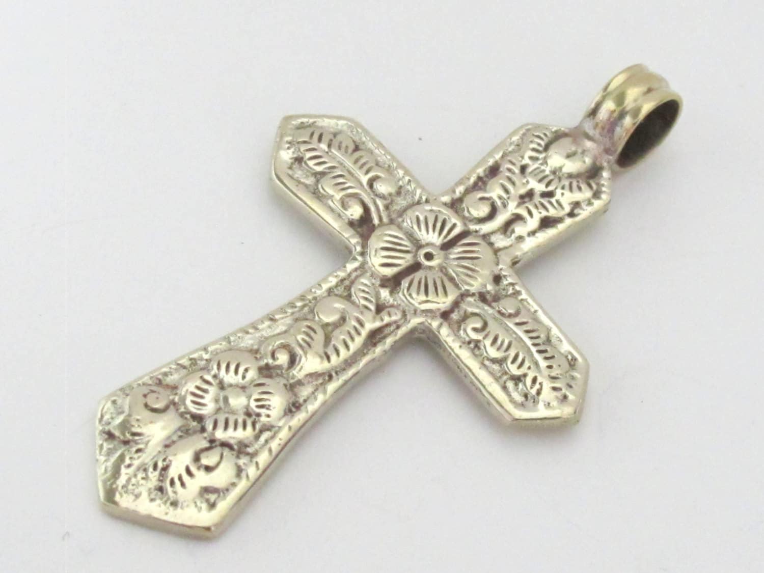 Dual sided Tibetan antiqued silver finish floral design cross pendant from Nepal - PM211