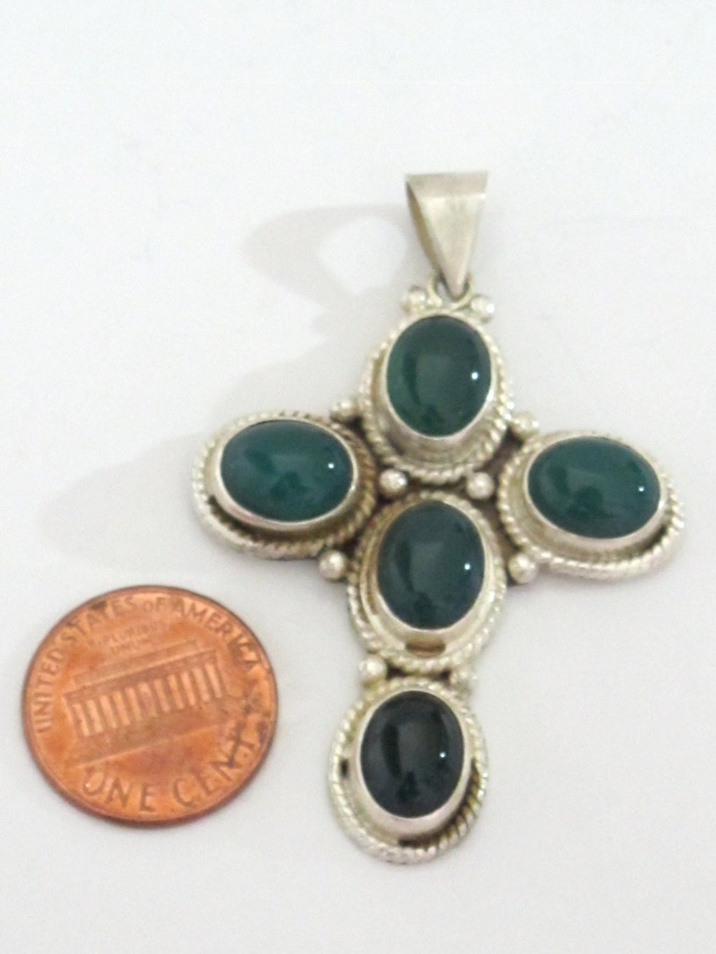 Tibetan silver green onyx inlaid gemstone cross pendant - PM212G