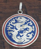 Tibetan silver Dragon pendant with red and blue inlay - PM213C