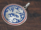 Tibetan silver Dragon pendant with red and blue inlay - PM213C