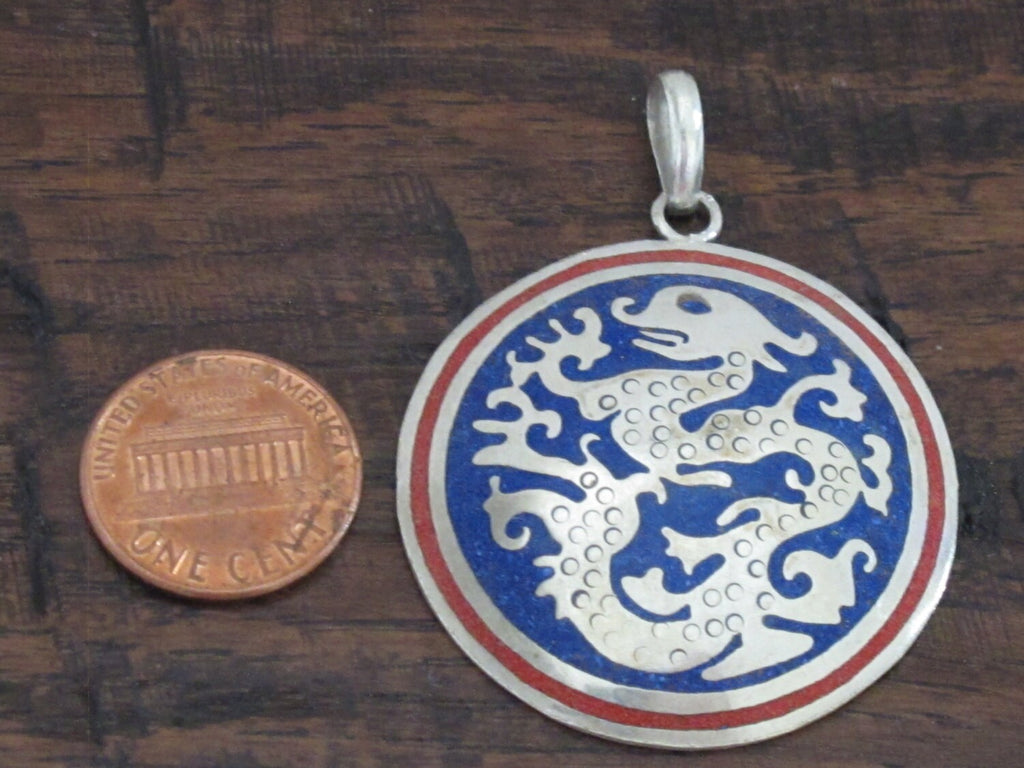 Tibetan silver Dragon pendant with red and blue inlay - PM213C