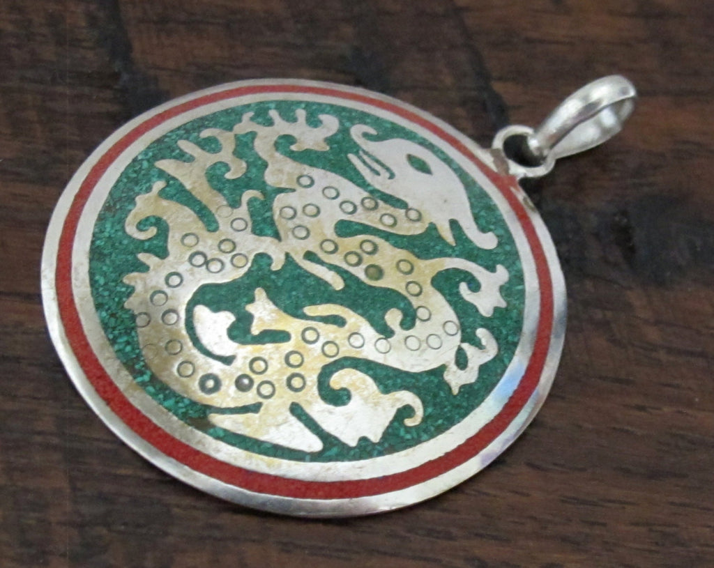 Tibetan silver Dragon pendant with red and green inlay - PM213E