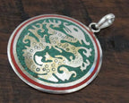 Tibetan silver Dragon pendant with red and green inlay - PM213E