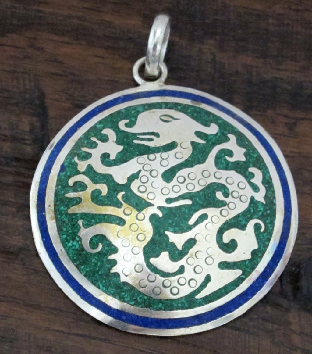 Tibetan silver Dragon pendant with blue and green inlay - PM213G