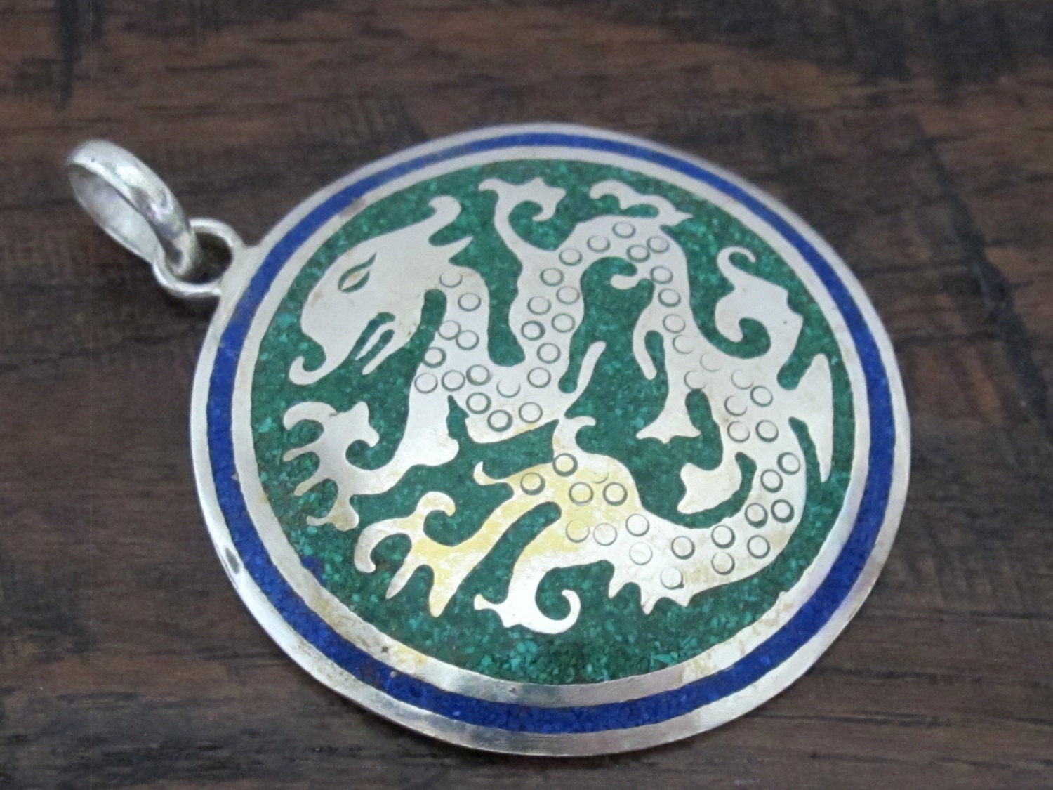 Tibetan silver Dragon pendant with blue and green inlay - PM213G