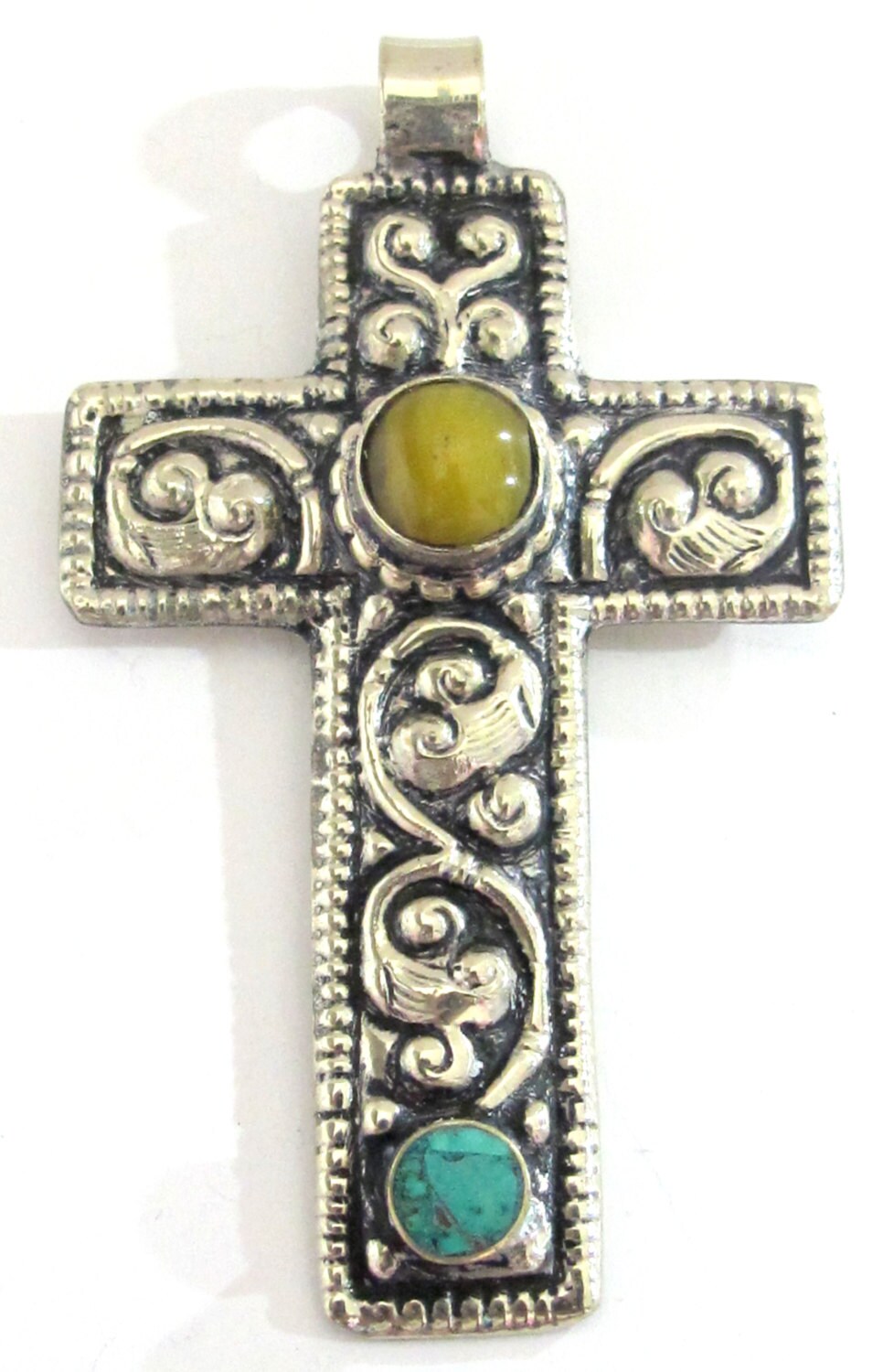 Tibetan silver floral design cross pendant from Nepal with agate and turquoise inlay - PM210K