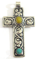 Tibetan silver floral design cross pendant from Nepal with agate and turquoise inlay - PM210K