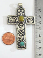 Tibetan silver floral design cross pendant from Nepal with agate and turquoise inlay - PM210K