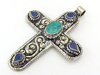 Tibetan silver floral design cross pendant from Nepal with lapis and turquoise inlay - PM210B