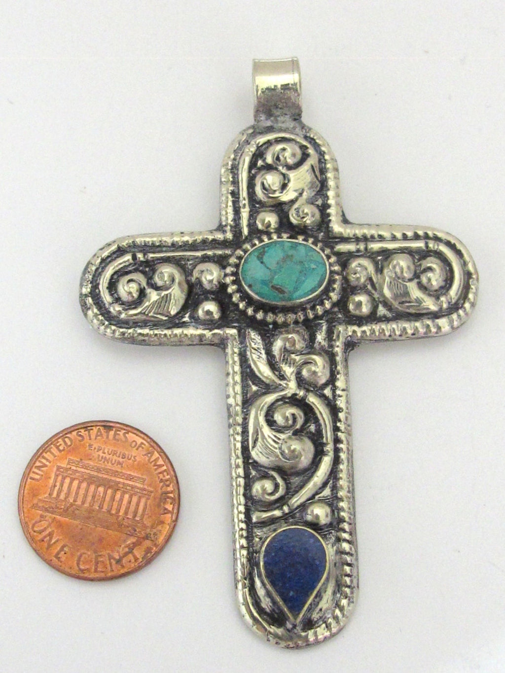 Tibetan silver floral design cross pendant from Nepal with lapis and turquoise inlay - PM210E