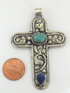 Tibetan silver floral design cross pendant from Nepal with lapis and turquoise inlay - PM210E
