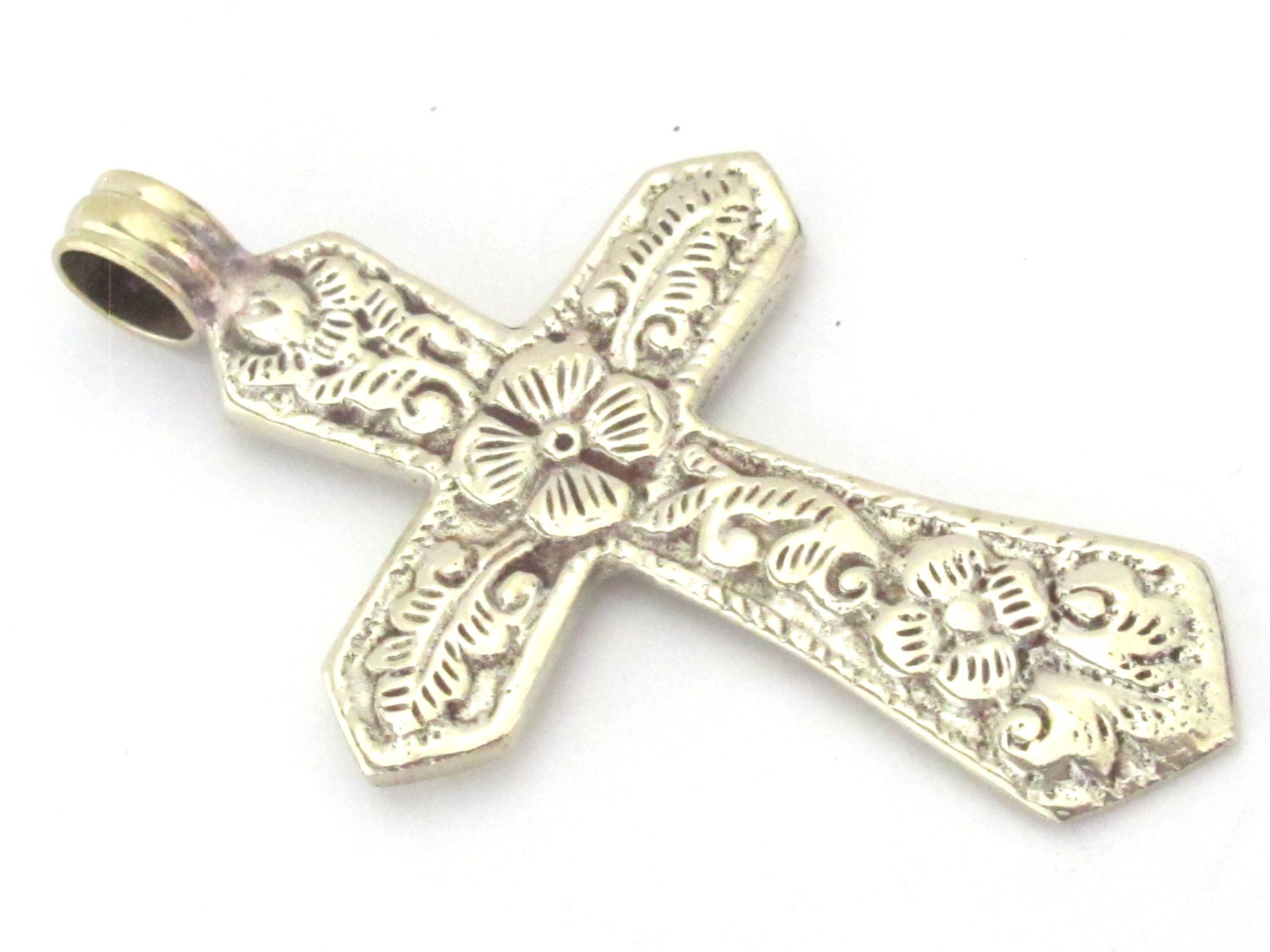 Dual sided Tibetan antiqued silver finish floral design cross pendant from Nepal - PM211