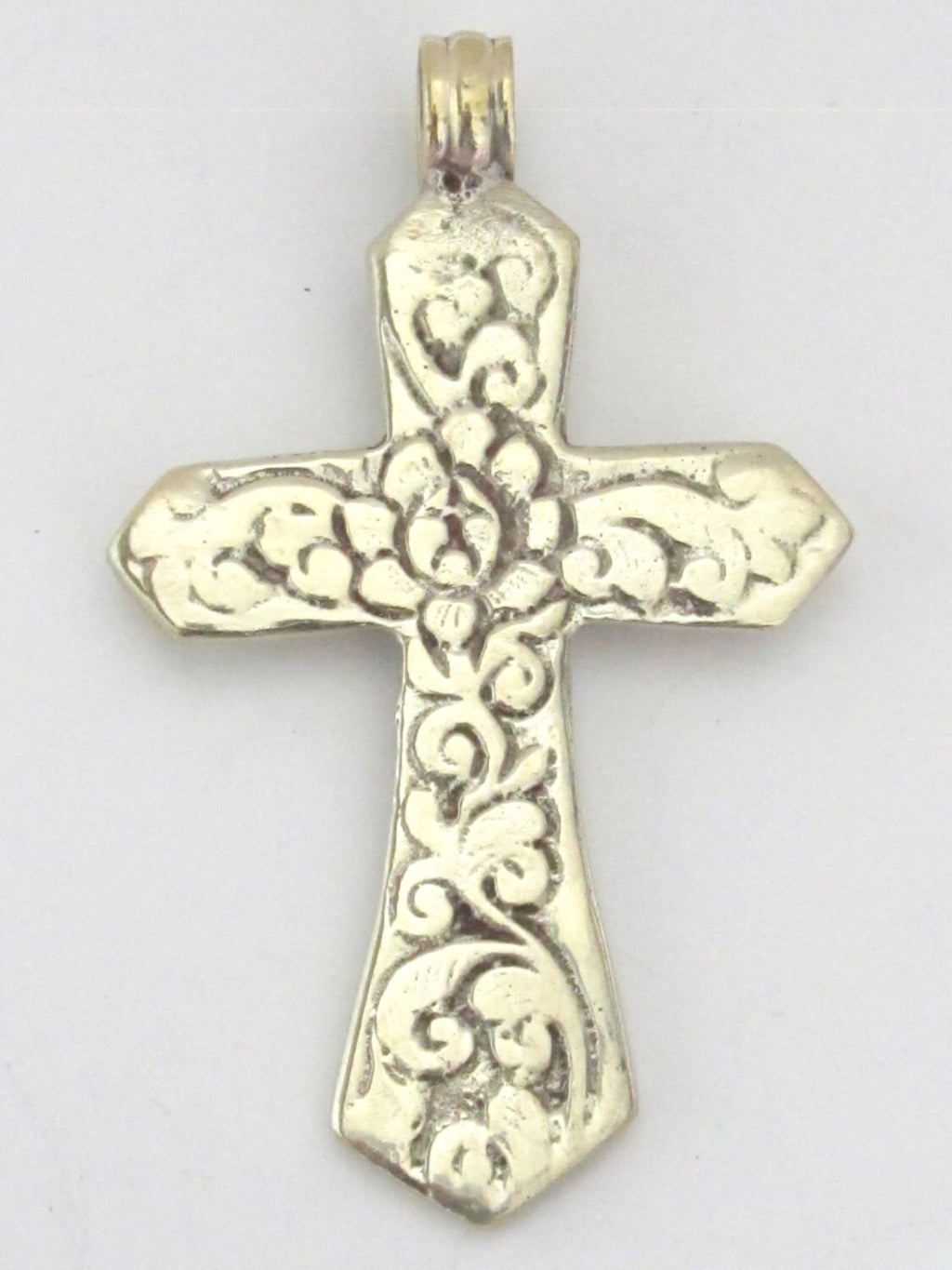 Dual sided Tibetan antiqued silver finish floral design cross pendant from Nepal - PM211