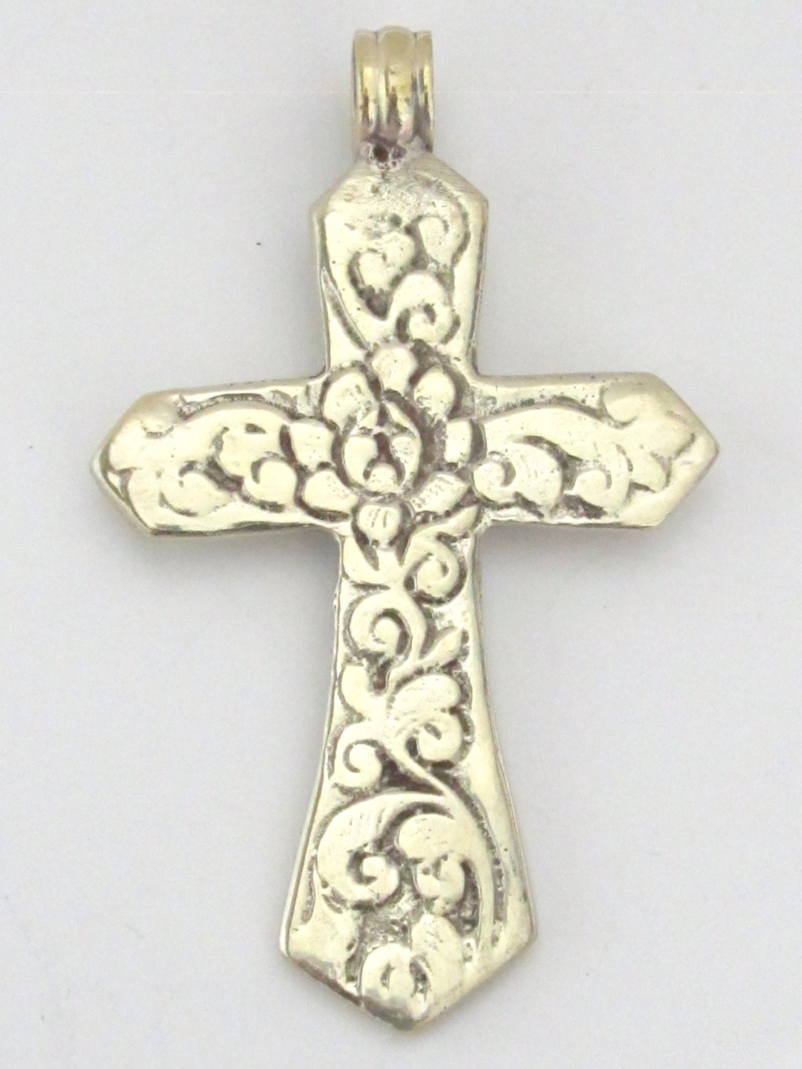 Dual sided Tibetan antiqued silver finish floral design cross pendant from Nepal - PM211