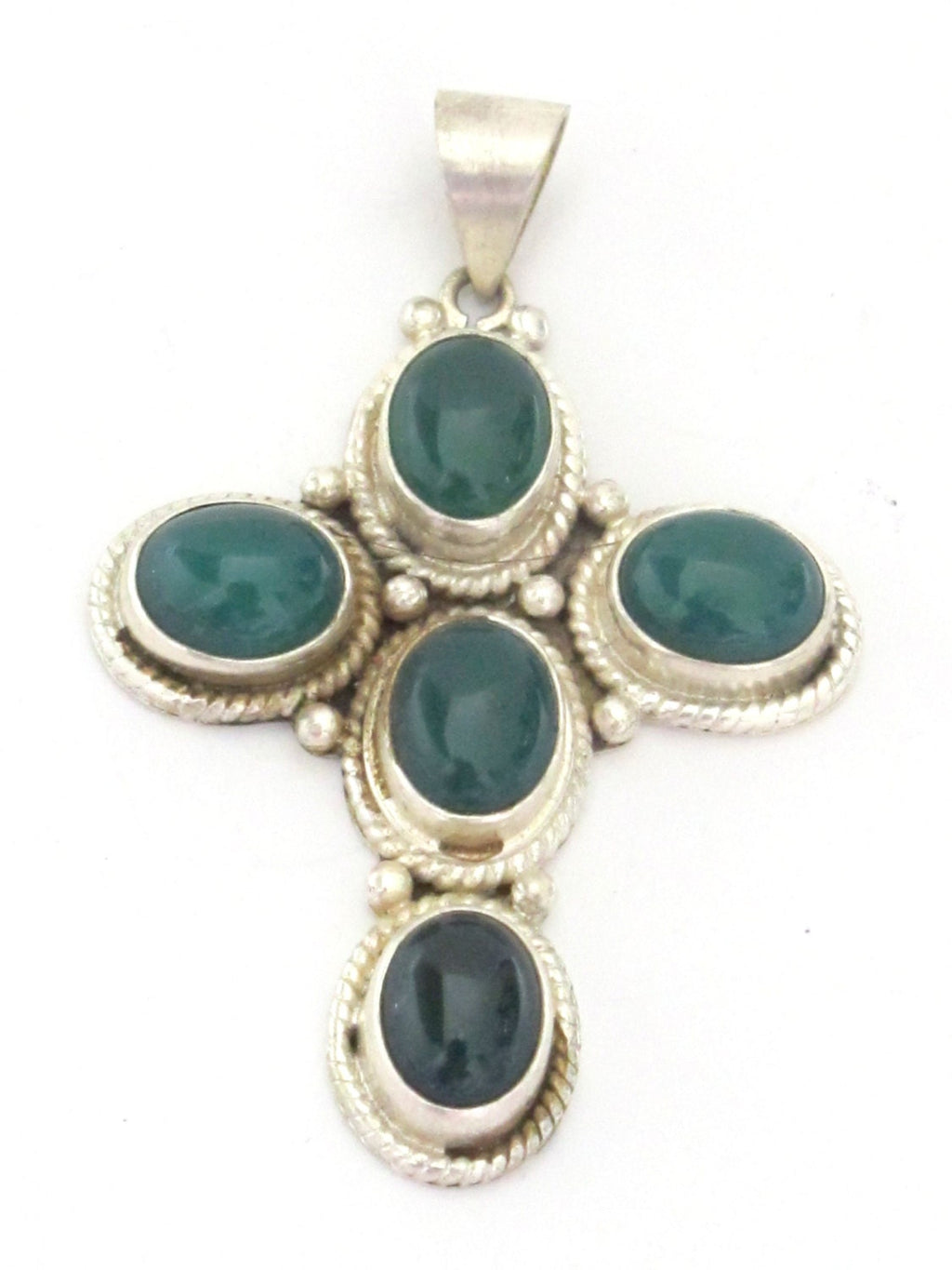 Tibetan silver green onyx inlaid gemstone cross pendant - PM212G