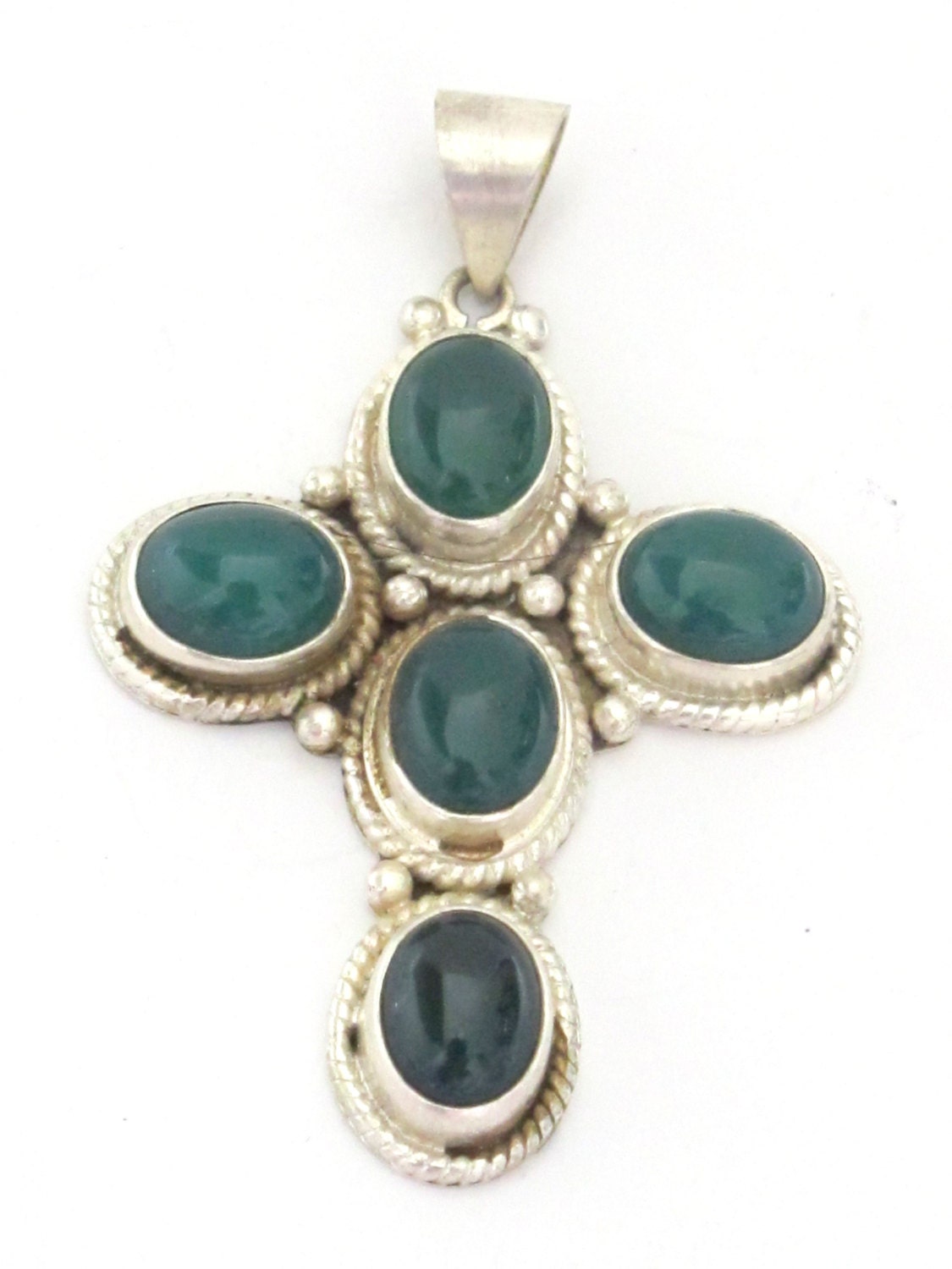 Tibetan silver green onyx inlaid gemstone cross pendant - PM212G