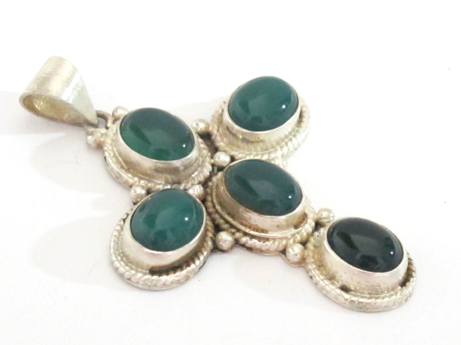 Tibetan silver green onyx inlaid gemstone cross pendant - PM212G