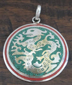 Tibetan silver Dragon pendant with red and green inlay - PM213E