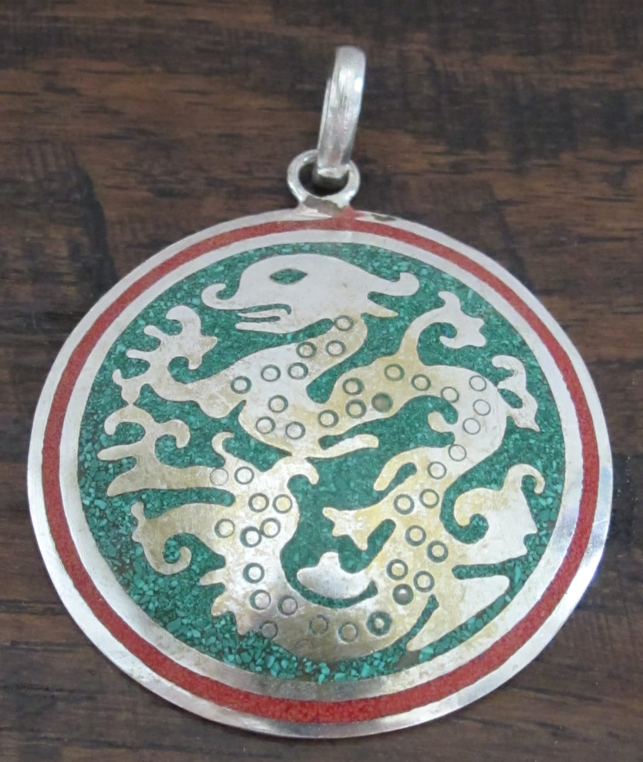 Tibetan silver Dragon pendant with red and green inlay - PM213E