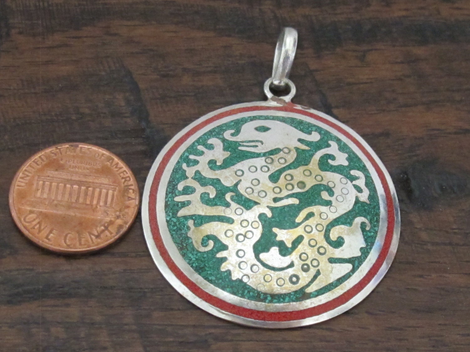 Tibetan silver Dragon pendant with red and green inlay - PM213E