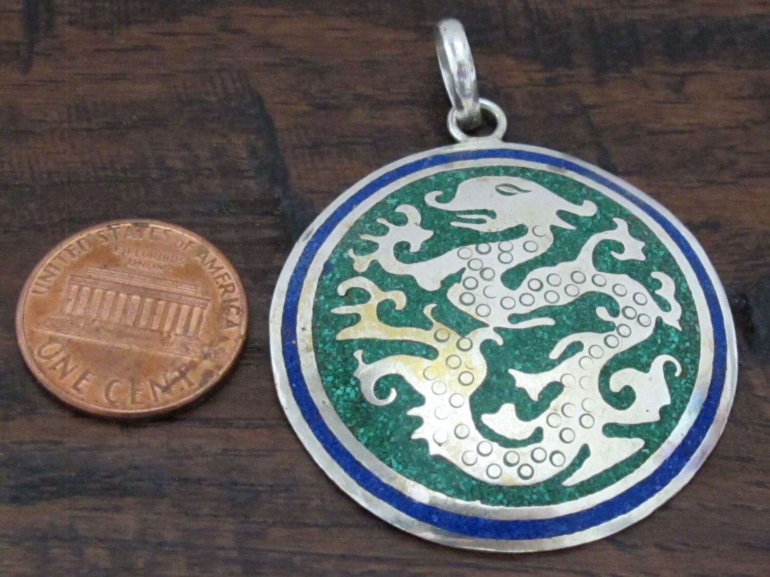 Tibetan silver Dragon pendant with blue and green inlay - PM213G