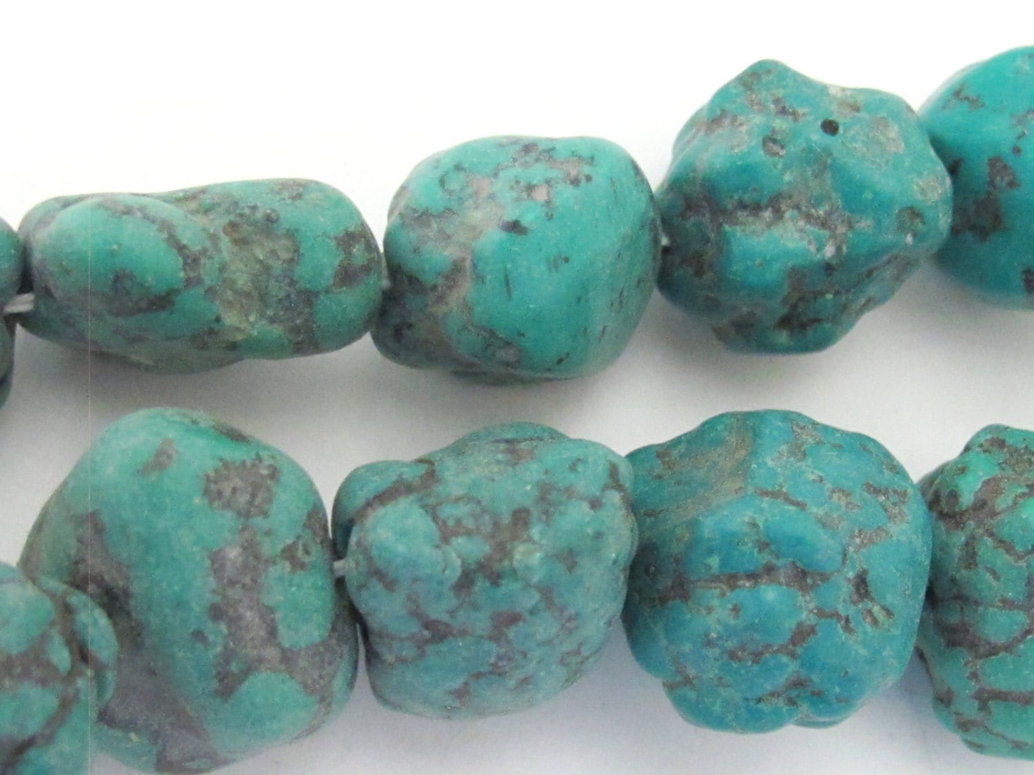 2 BEADS - Thick Tibetan turquoise nugget gemstone beads from Nepal - GM271