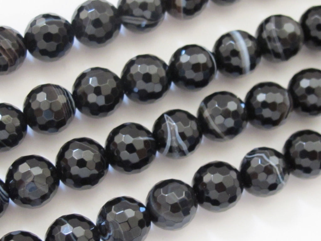 10 BEADS - Gorgeous microfaceted black brown 8 mm size banded agate beads - GM272