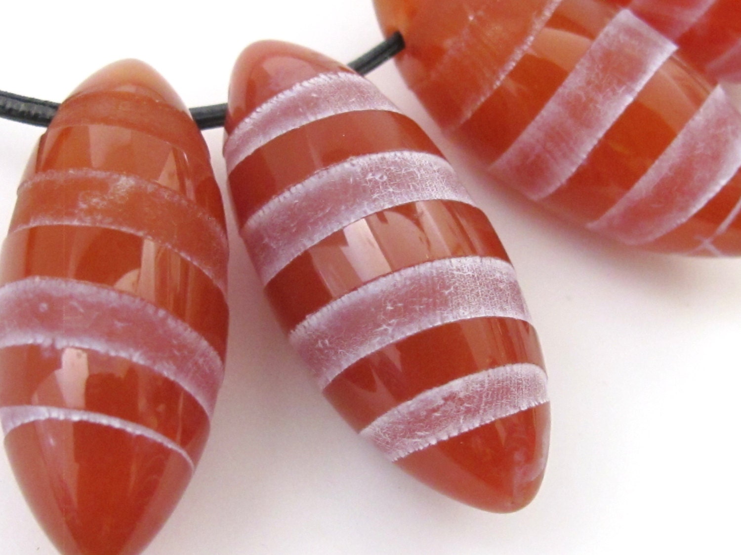 1 BEAD - Large thick Marquise shape Spiral etched carnelian gemstone top hole drilled bead - GM277
