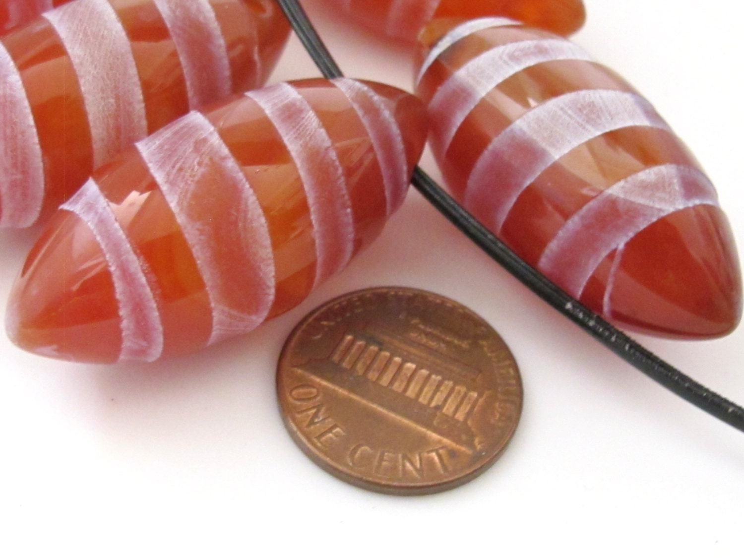 1 BEAD - Large thick Marquise shape Spiral etched carnelian gemstone top hole drilled bead - GM277