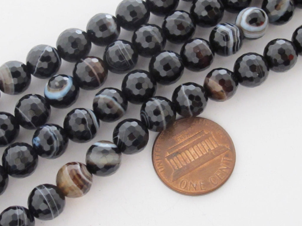 10 BEADS - Gorgeous microfaceted black brown 8 mm size banded agate beads - GM272