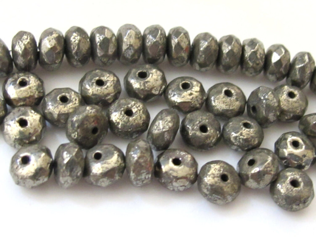 Faceted Natural Pyrite gemstone beads 6 mm wide x 4 mm Rondelle shape -10 beads - GM275