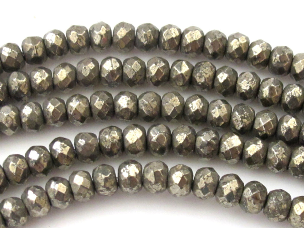 Faceted Natural Pyrite gemstone beads 6 mm wide x 4 mm Rondelle shape -10 beads - GM275