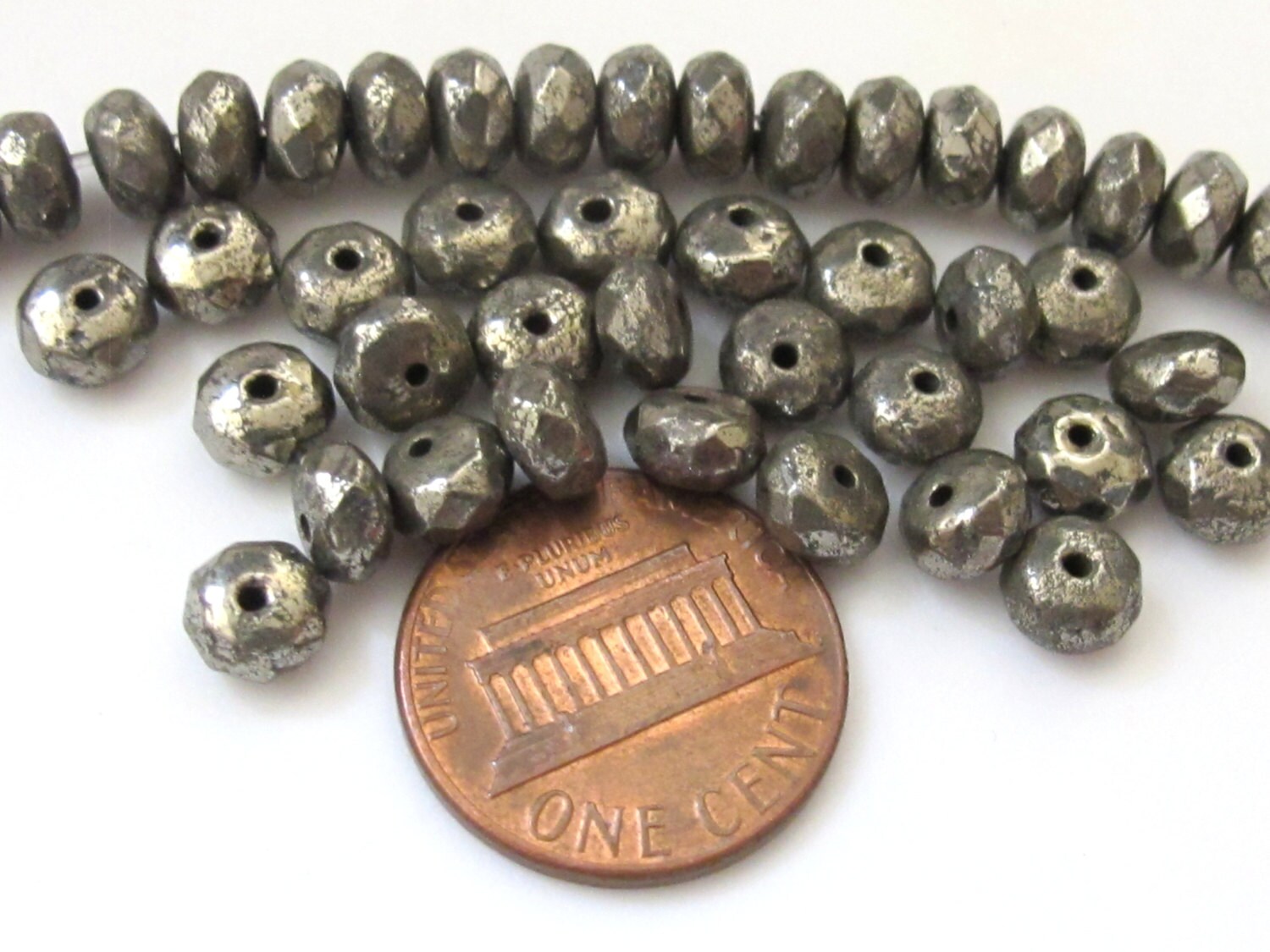 Faceted Natural Pyrite gemstone beads 6 mm wide x 4 mm Rondelle shape -10 beads - GM275
