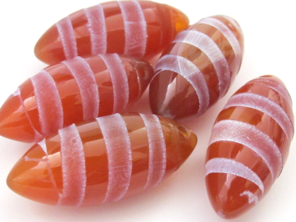 1 BEAD - Large thick Marquise shape Spiral etched carnelian gemstone top hole drilled bead - GM277