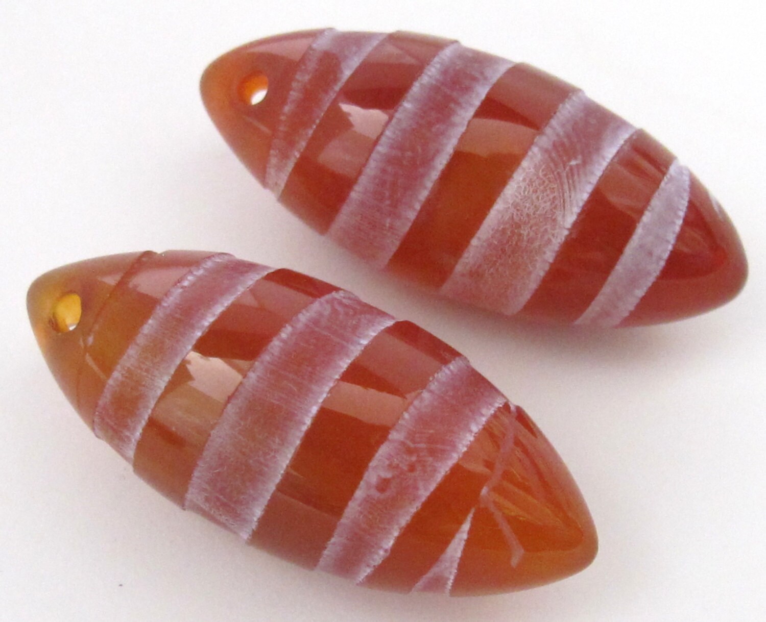 1 BEAD - Large thick Marquise shape Spiral etched carnelian gemstone top hole drilled bead - GM277