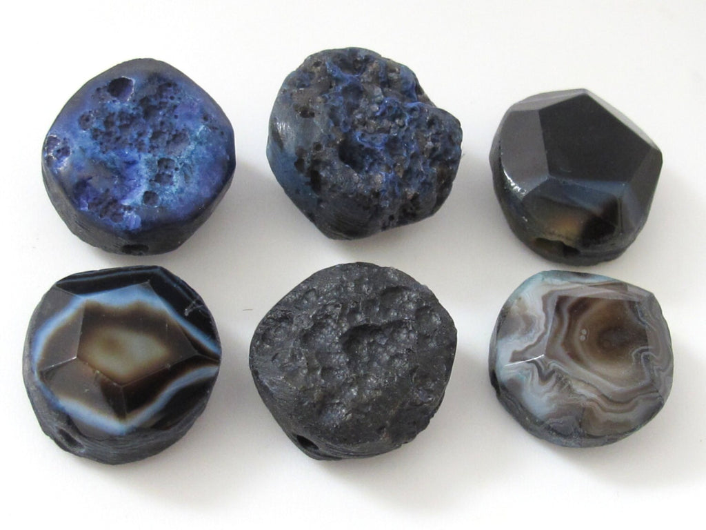 2 BEADS - Large 20 - 21 mm reversible Natural rough agate coin slab beads and facet cut smooth on reverse side - GM279