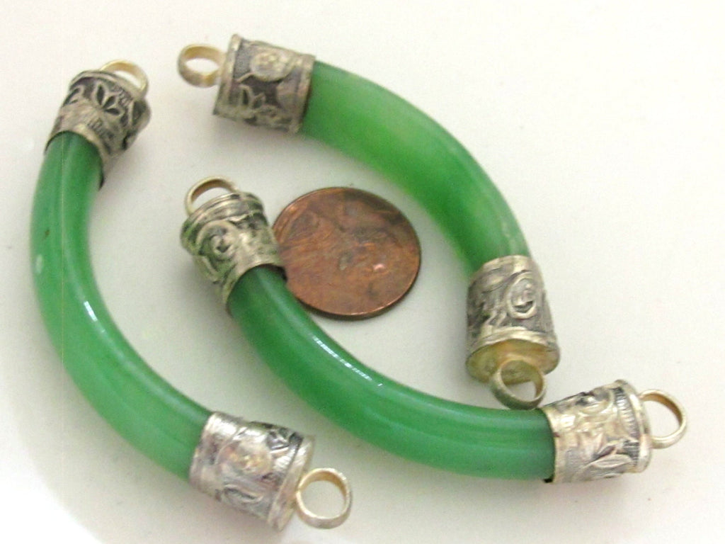 Crescent moon shape Tibetan Green agate curve bar pendant - 1 pendant - SP026B