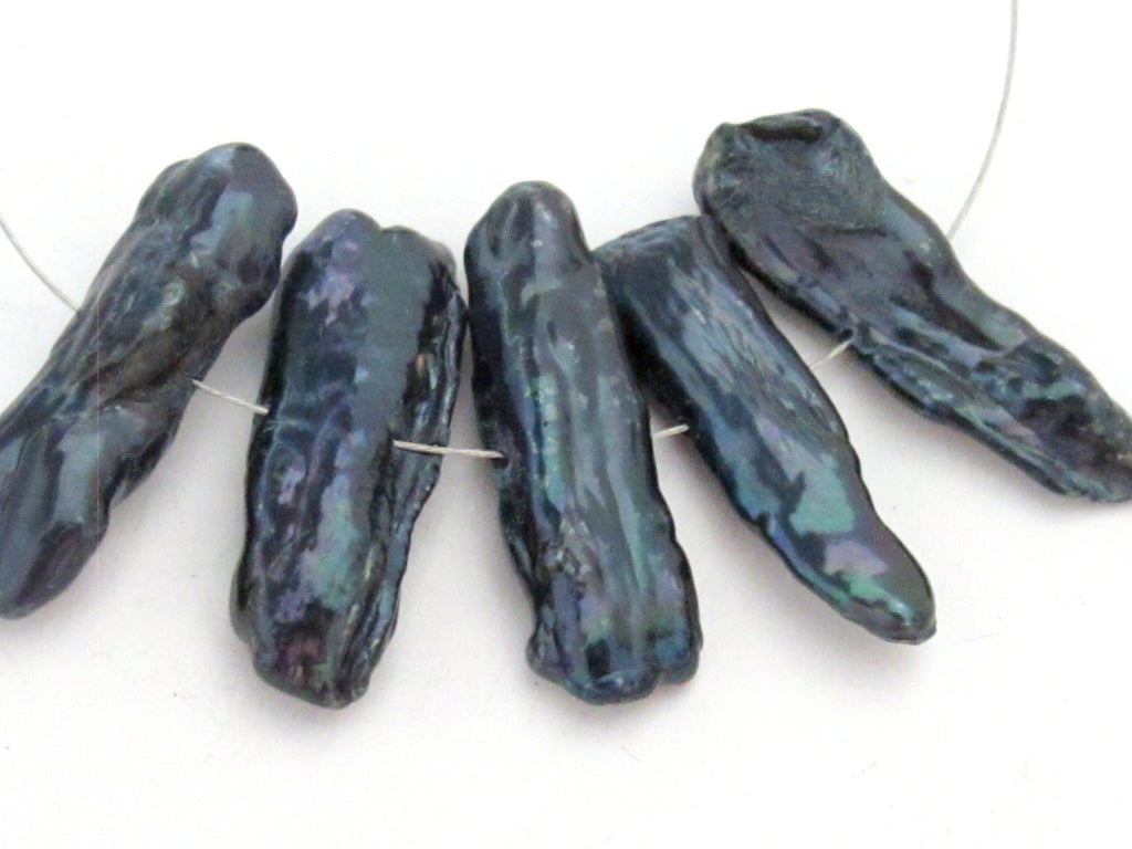 10 beads freshwater Biwa pearl stick shape beads Peacock grey blue - PL021