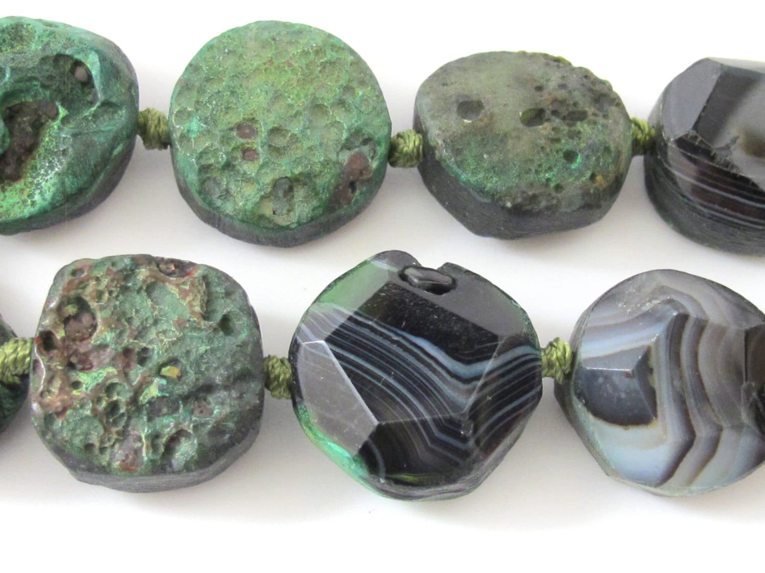 1 BEAD - Large size oval reversible Green color Natural rough agate coin slab beads and facet cut smooth on reverse side - GM289C
