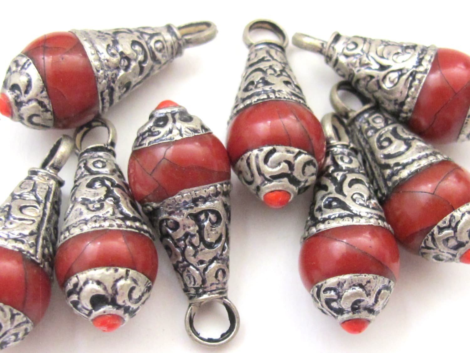 Tibetan silver red crackle resin small size pendant with floral design on bail - PM209D
