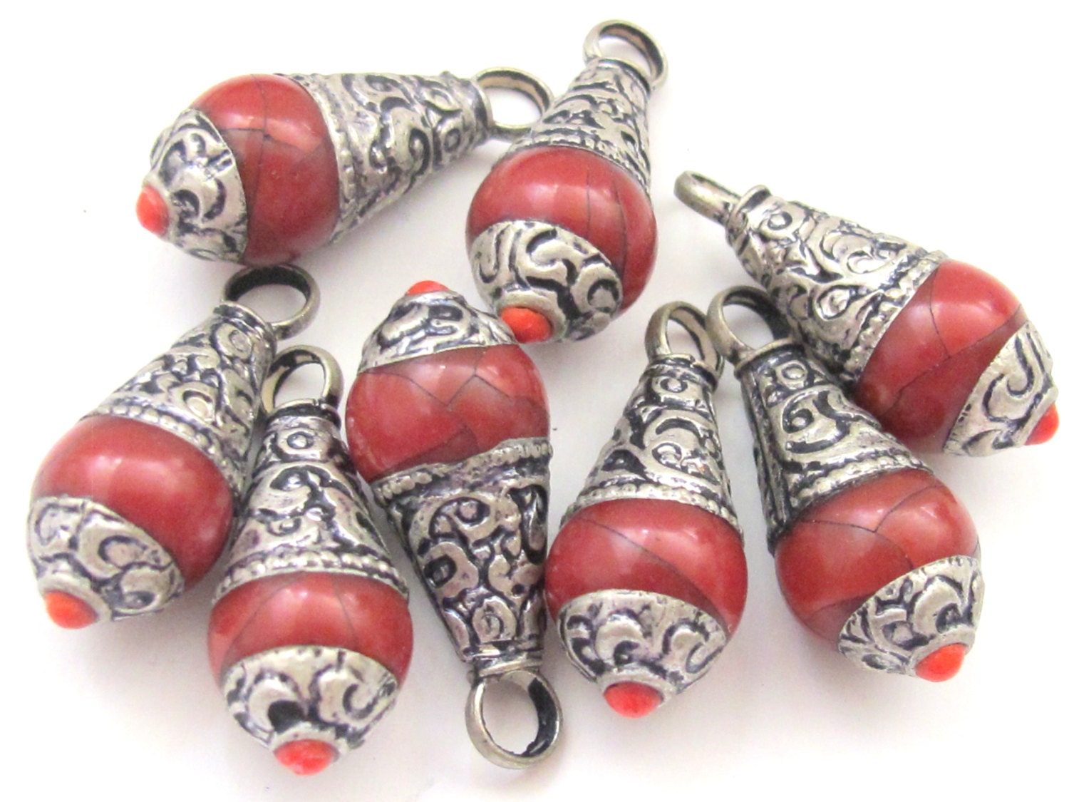 Tibetan silver red crackle resin small size pendant with floral design on bail - PM209D