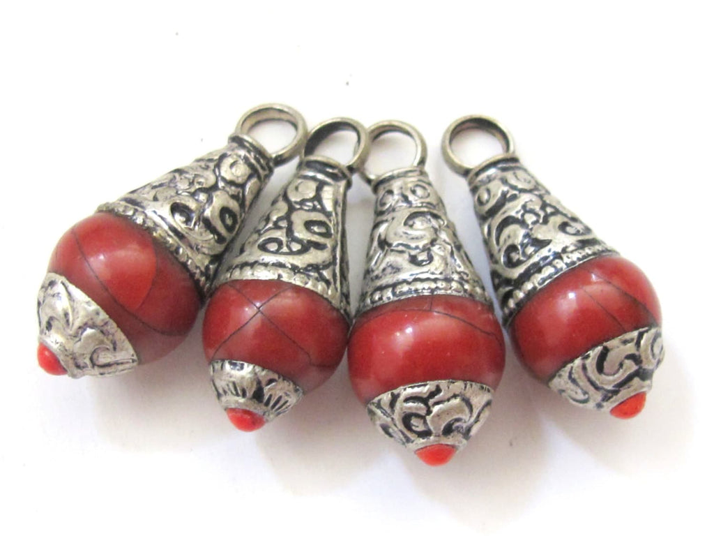 Tibetan silver red crackle resin small size pendant with floral design on bail - PM209D