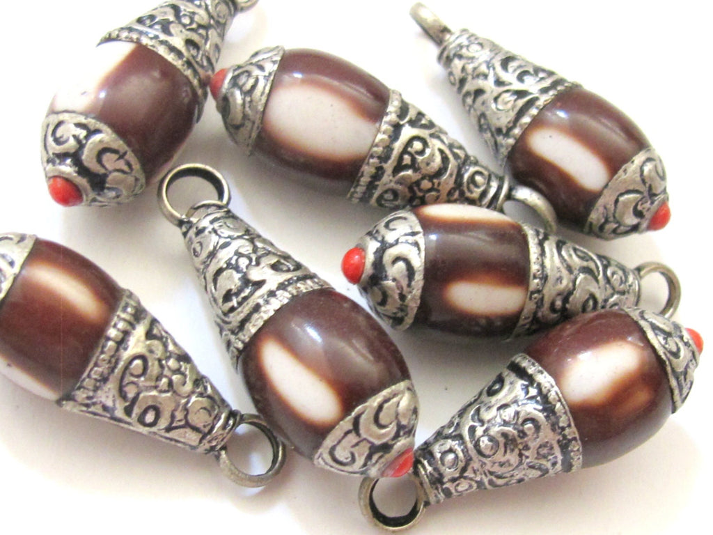 Tibetan silver brown resin small size pendant with floral design on bail - PM209G